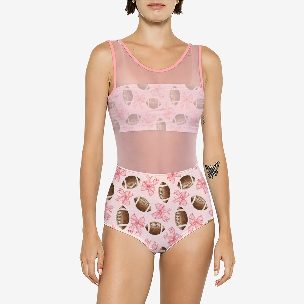 Football & Pink Bow Print Mesh Swimsuit