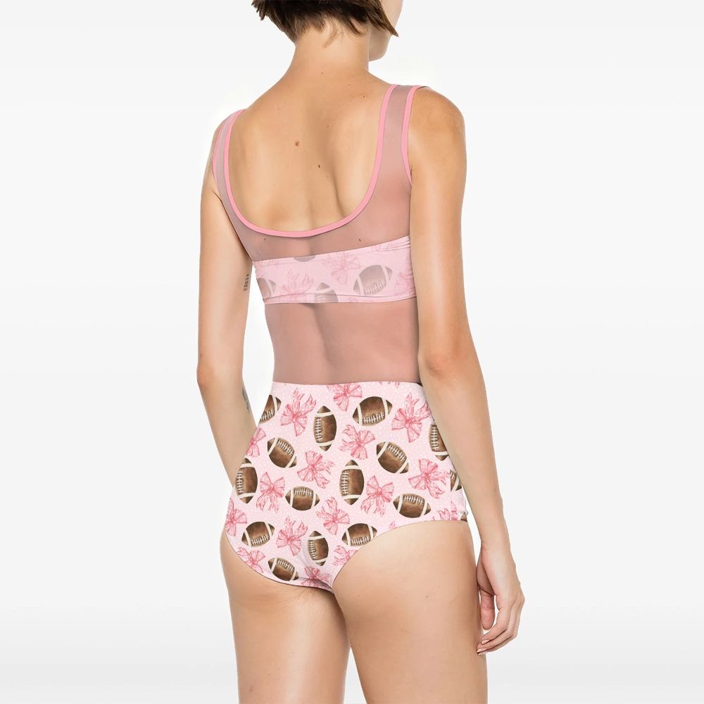 Football & Pink Bow Print Mesh Swimsuit