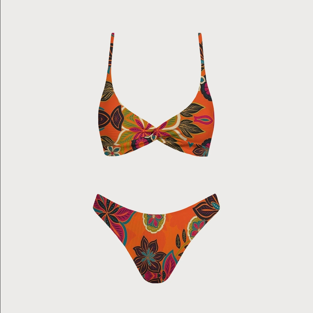 Tropical Floral Print Halter Cross Back Bikini Swimsuit