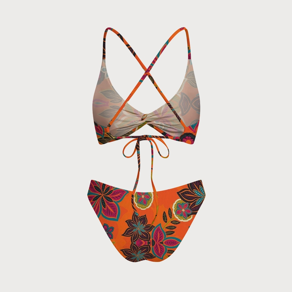 Tropical Floral Print Halter Cross Back Bikini Swimsuit