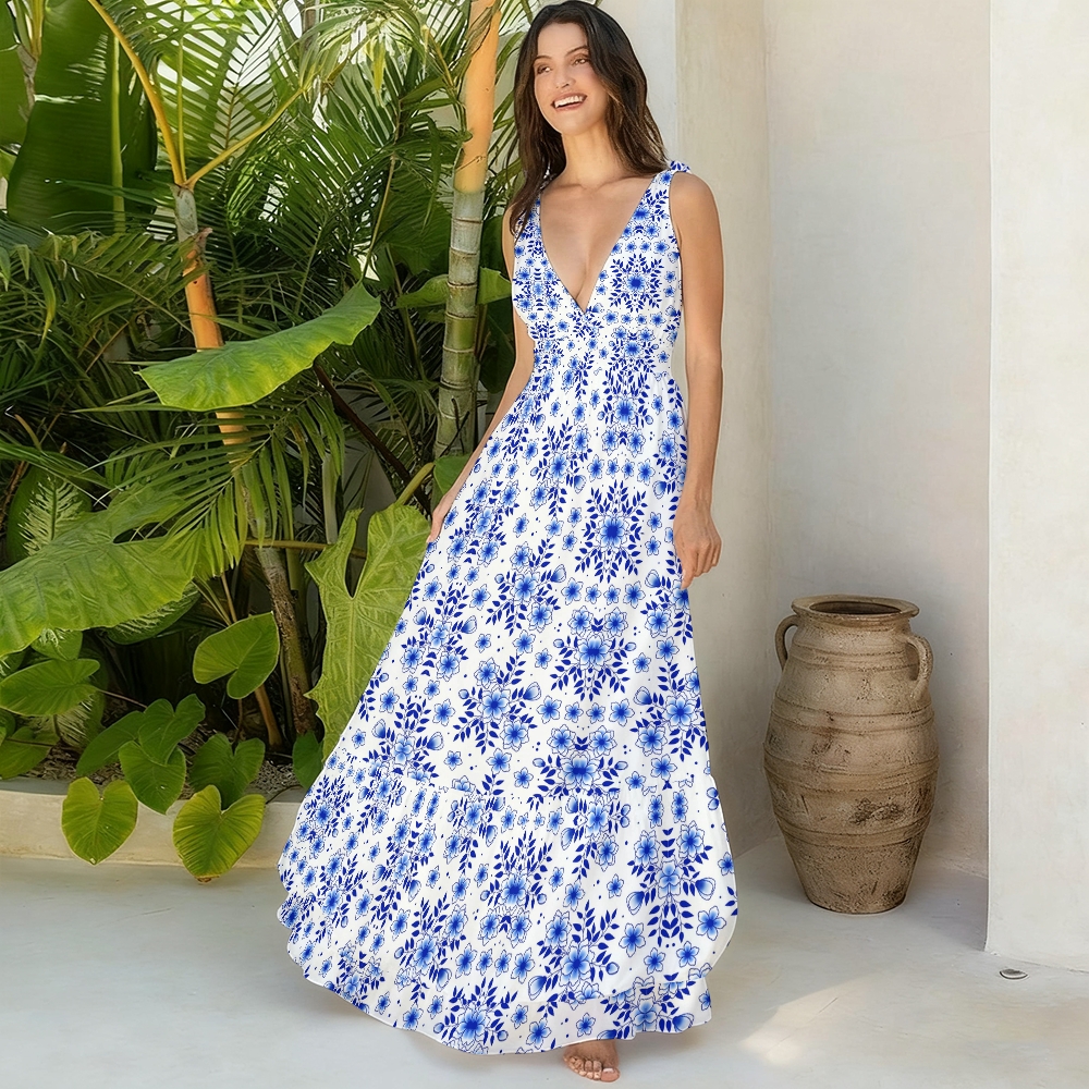 Blue and White Floral Print Swimsuit with Maxi Dress
