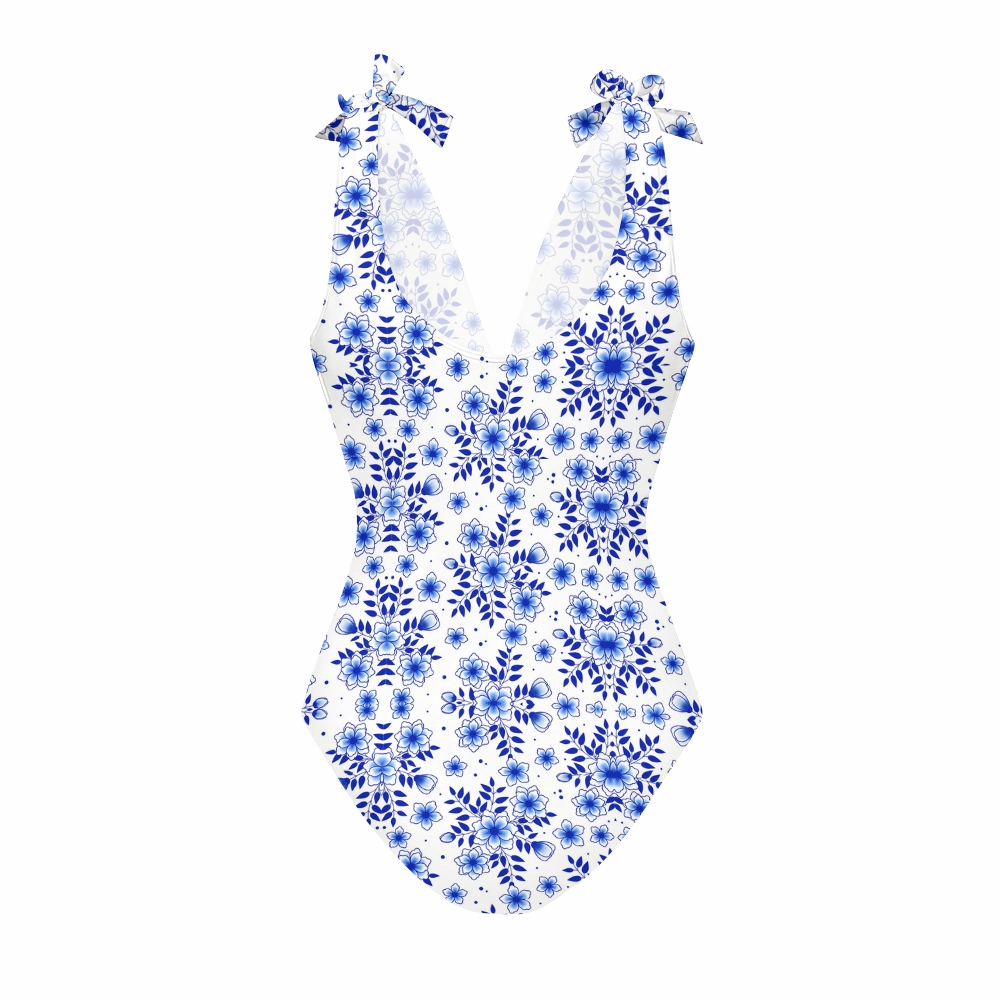 Blue and White Floral Print Swimsuit with Maxi Dress
