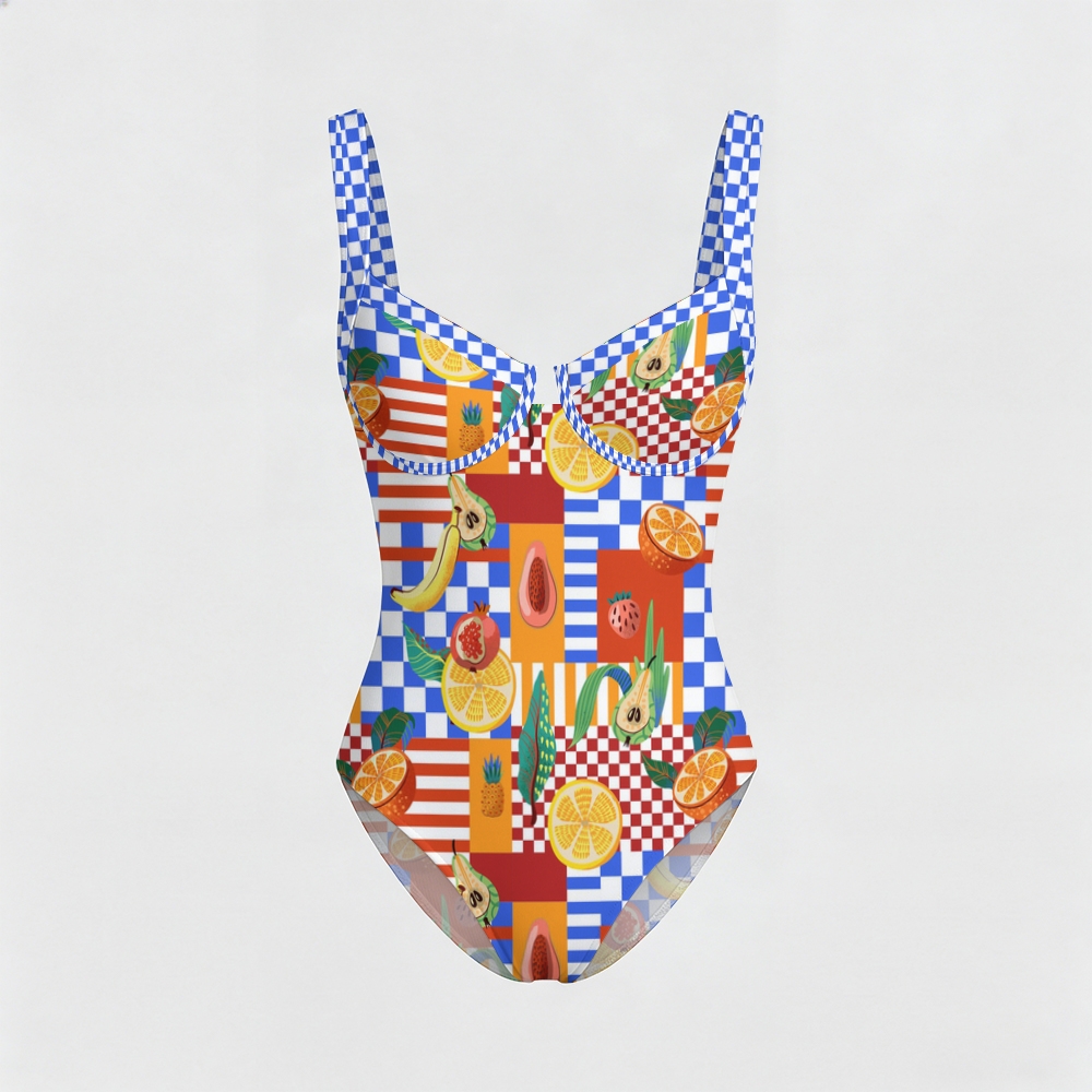 Tropical Fruit Checkerboard Contrast Trim Knotted Swimsuit
