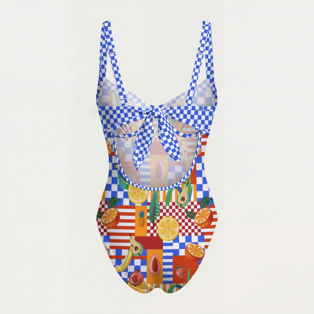 Tropical Fruit Checkerboard Contrast Trim Knotted Swimsuit