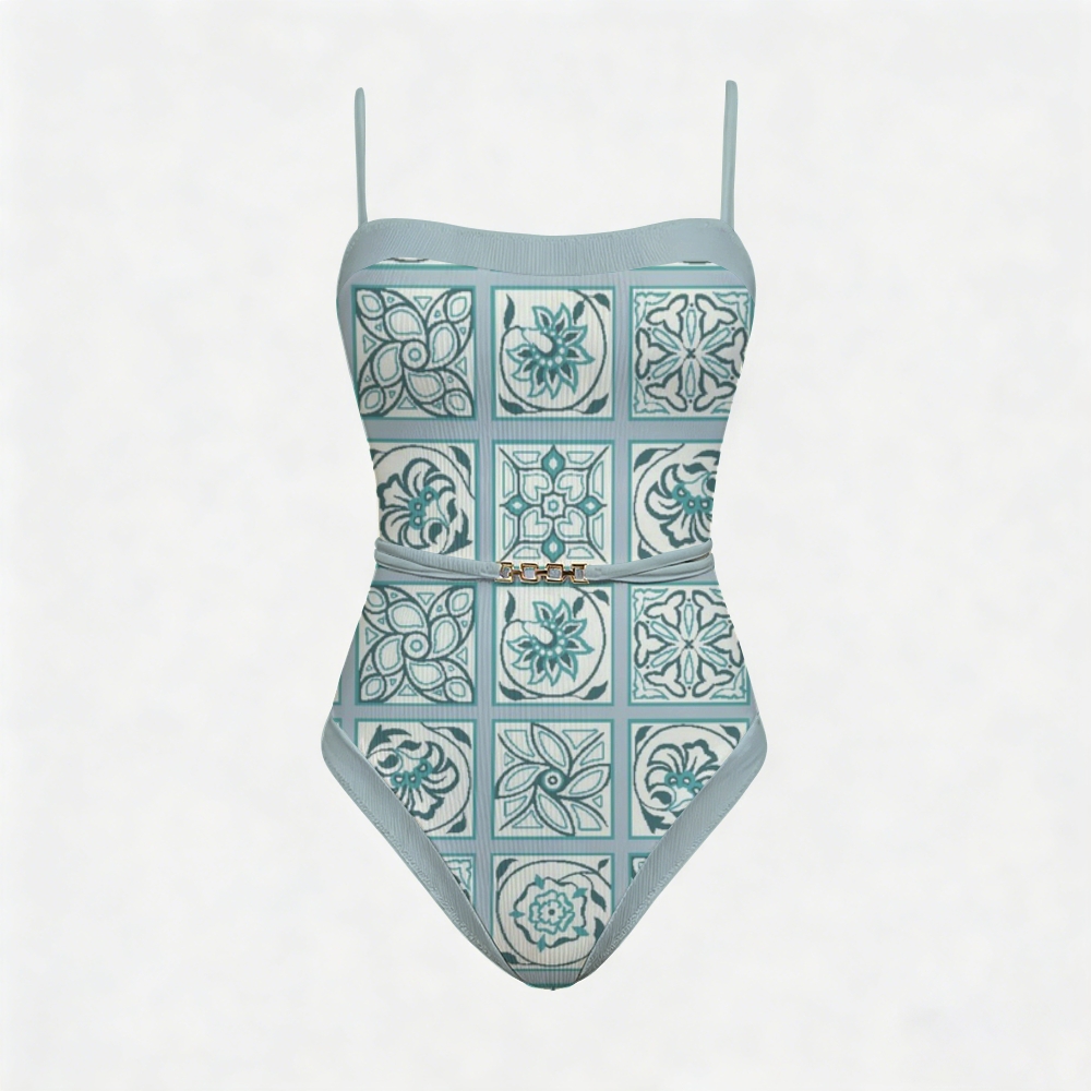 Floral Tile Pattern Print Contrast Gleam Swimsuit