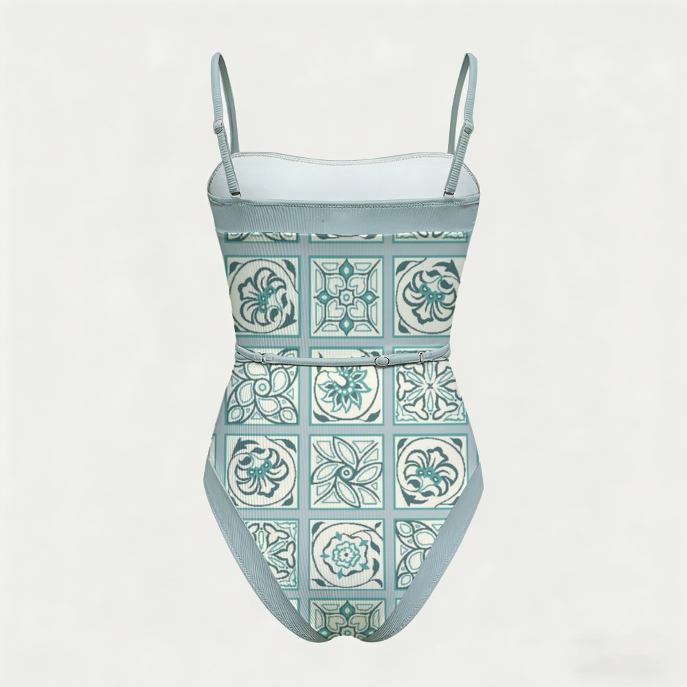 Floral Tile Pattern Print Contrast Gleam Swimsuit