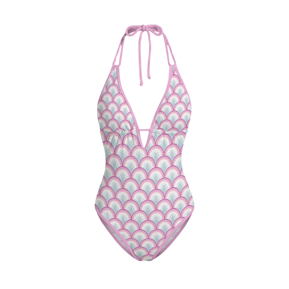 Pastel Scallop Print Contrast V Neck One-Piece Swimsuit