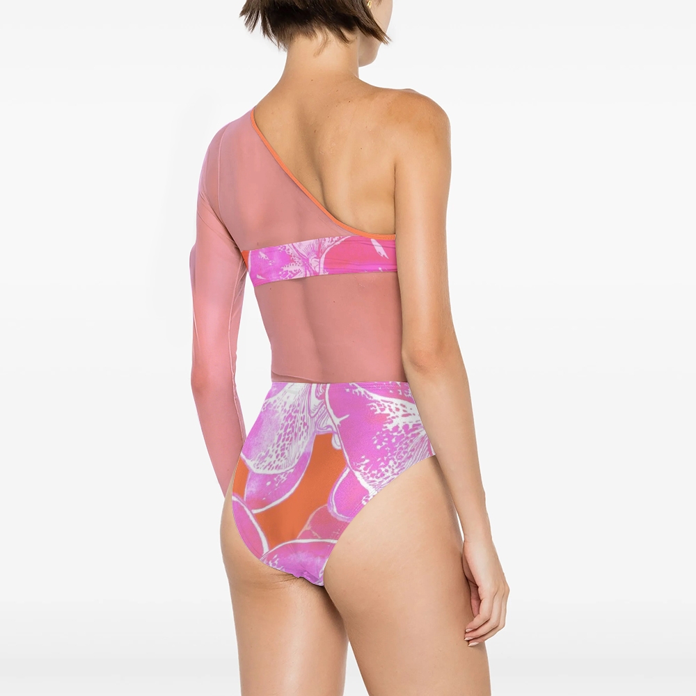 Women's Bold Pink Orchid Print Mesh Swimsuit