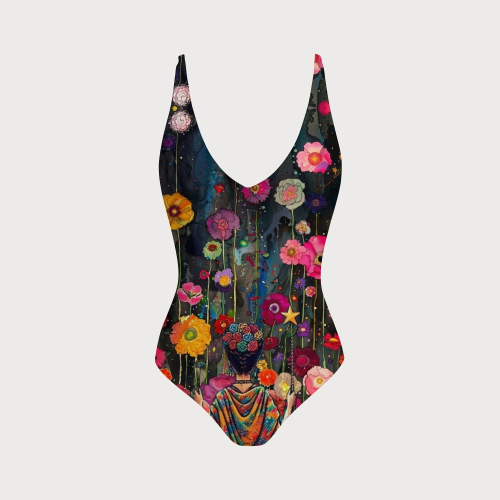 Frida Style Watercolor Floral Cross Back Swimsuit