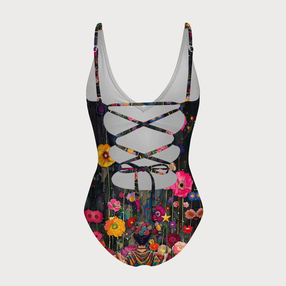 Frida Style Watercolor Floral Cross Back Swimsuit