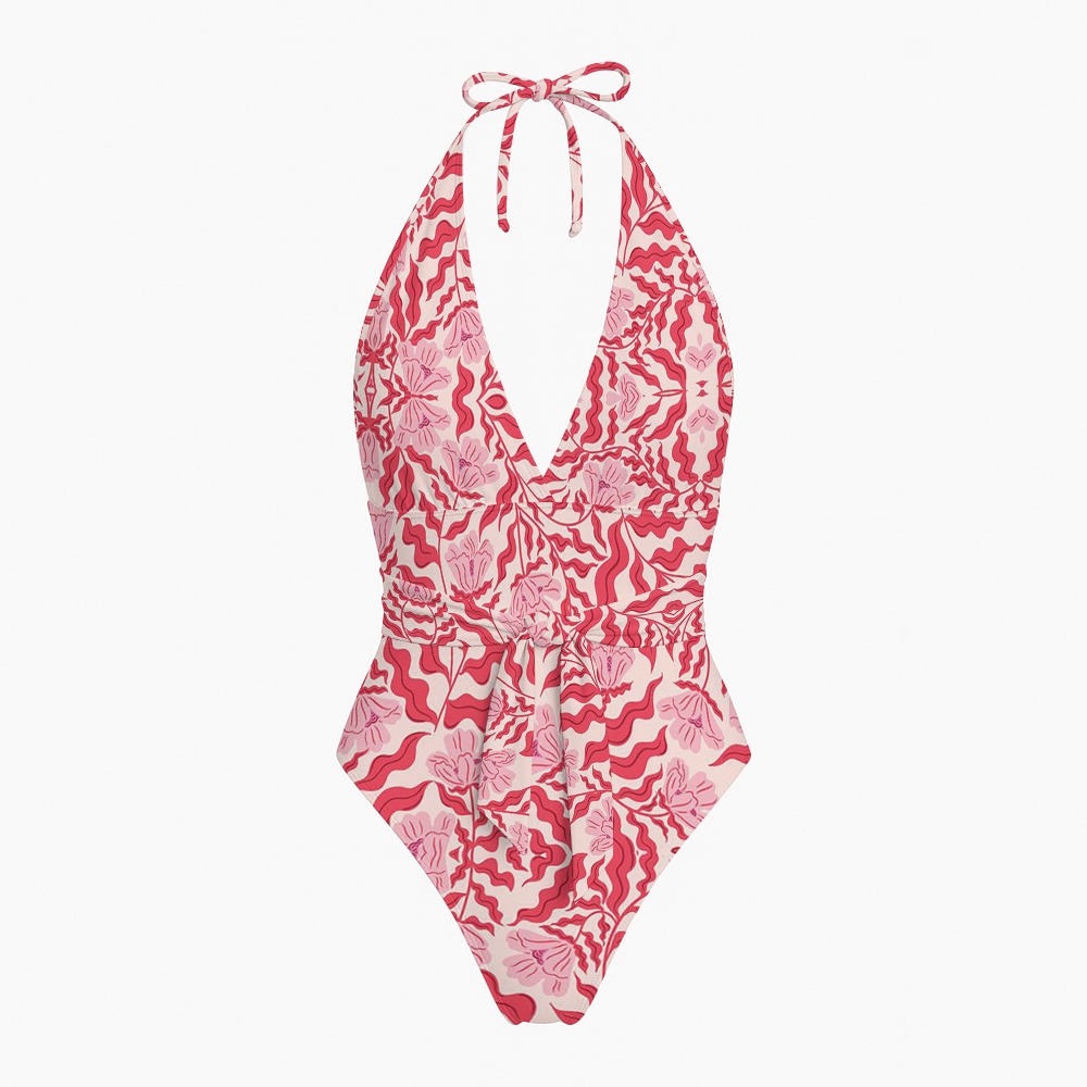 Wavy Floral Halter Backless Swimsuit