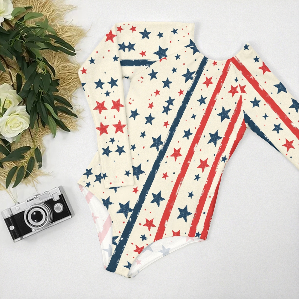 American Flag Style Star Stripe Long Sleeve Swimsuit