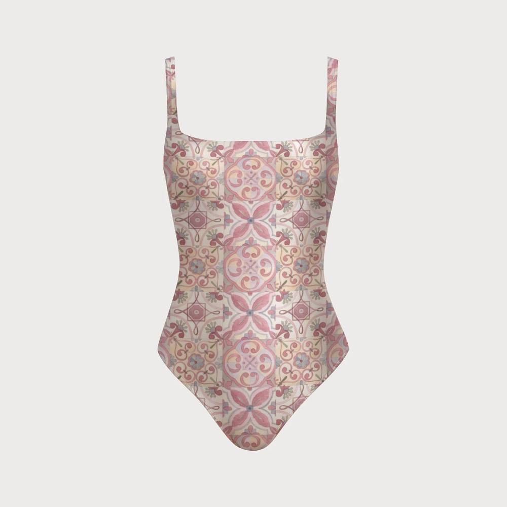 Pink Geometric Floral Swimsuit With Back Mesh Knot