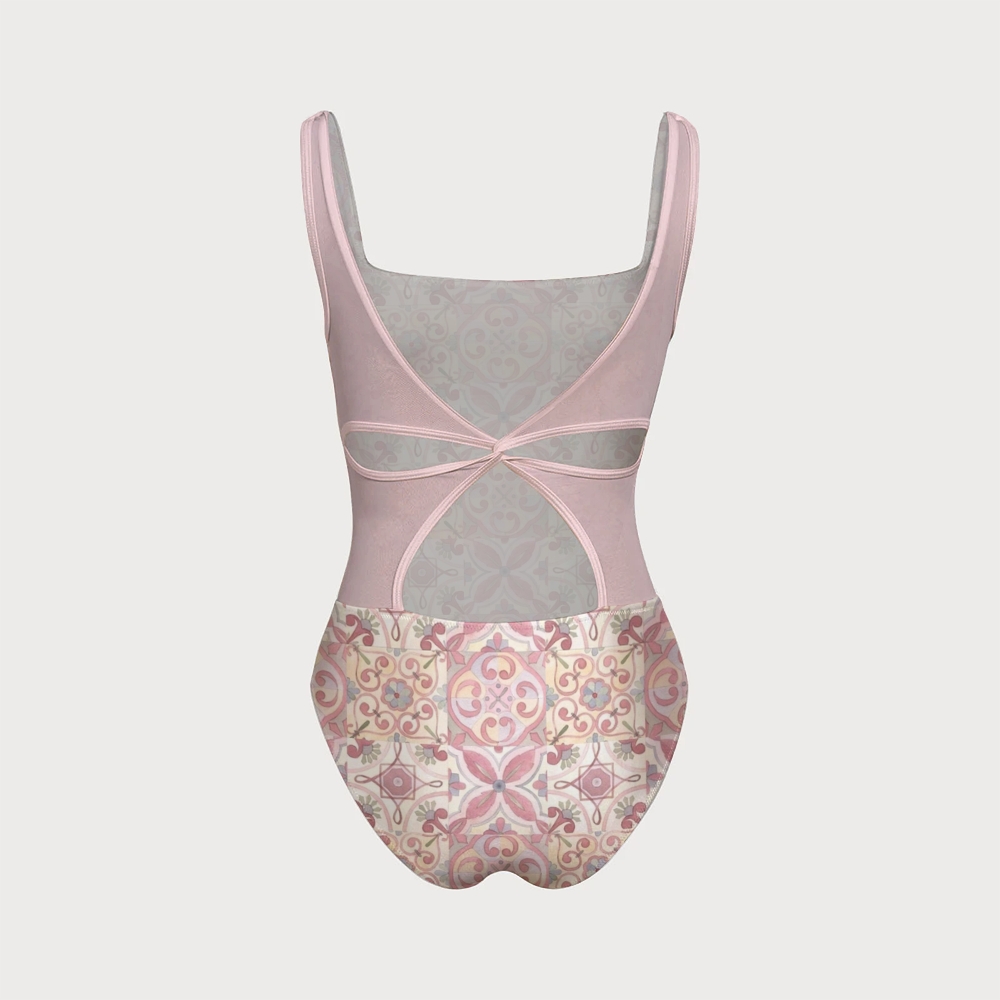 Pink Geometric Floral Swimsuit With Back Mesh Knot