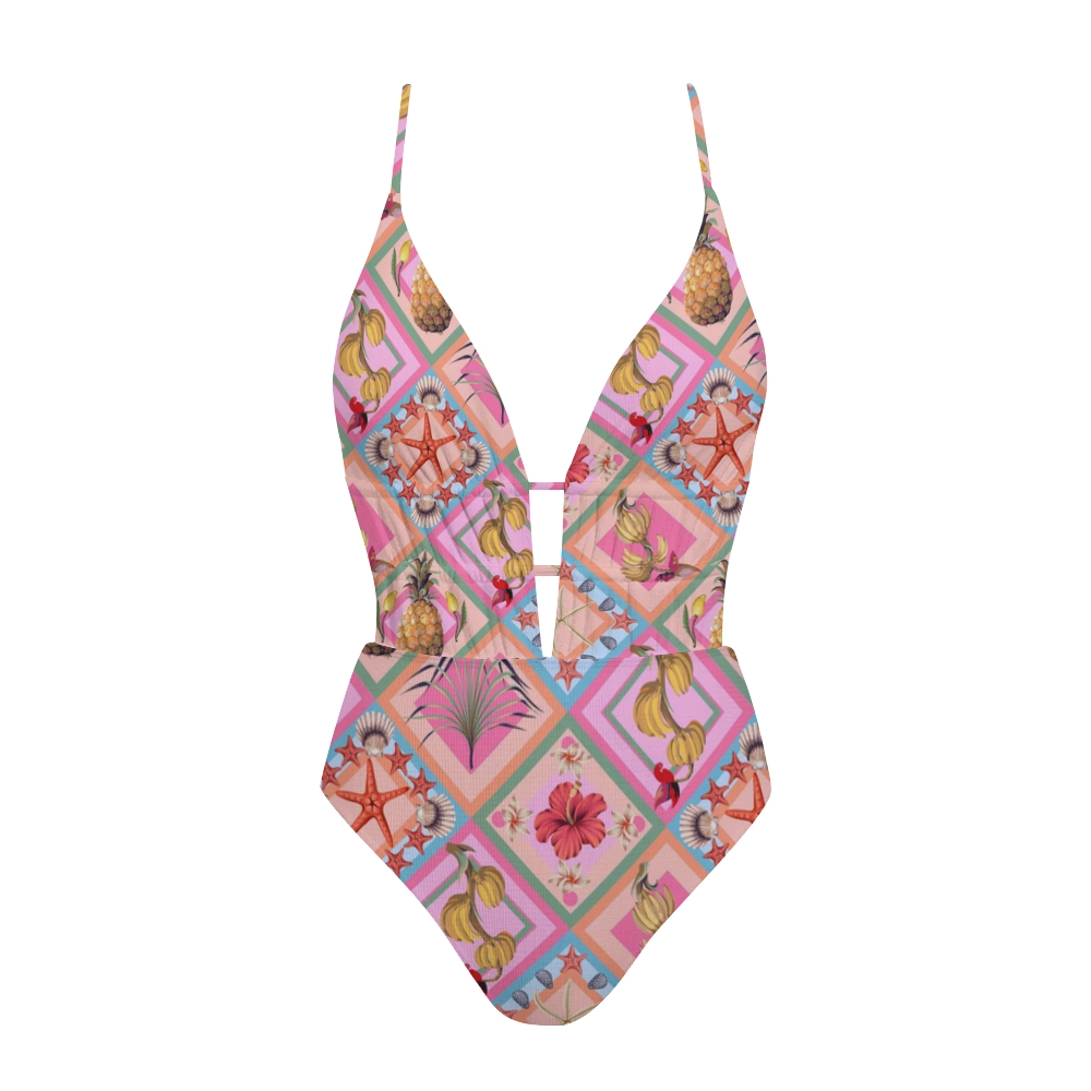 Tropical Vacation Diamond Print Plunge Swimsuit