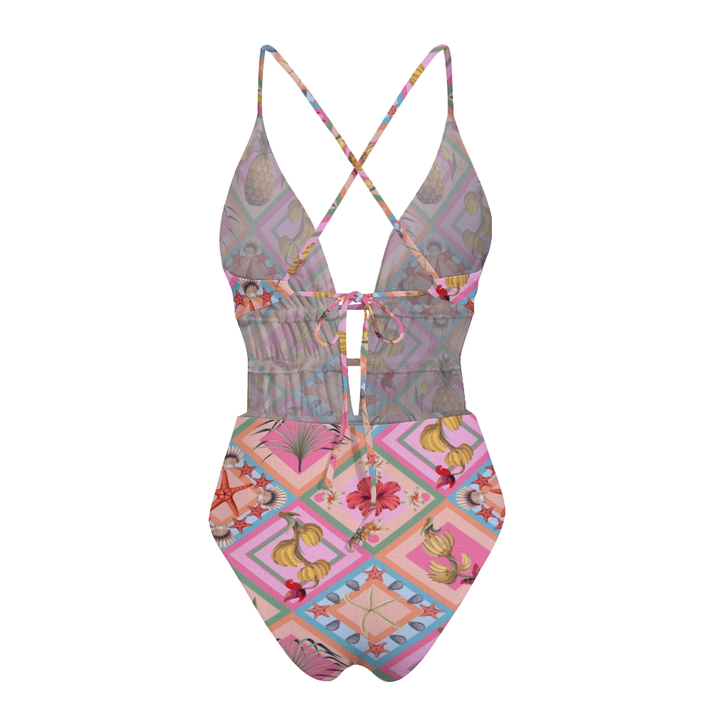 Tropical Vacation Diamond Print Plunge Swimsuit