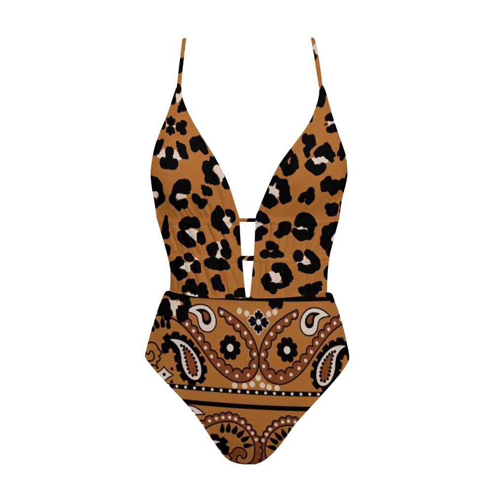Leopard Print Paisley Patchwork Thin Strap Swimsuit