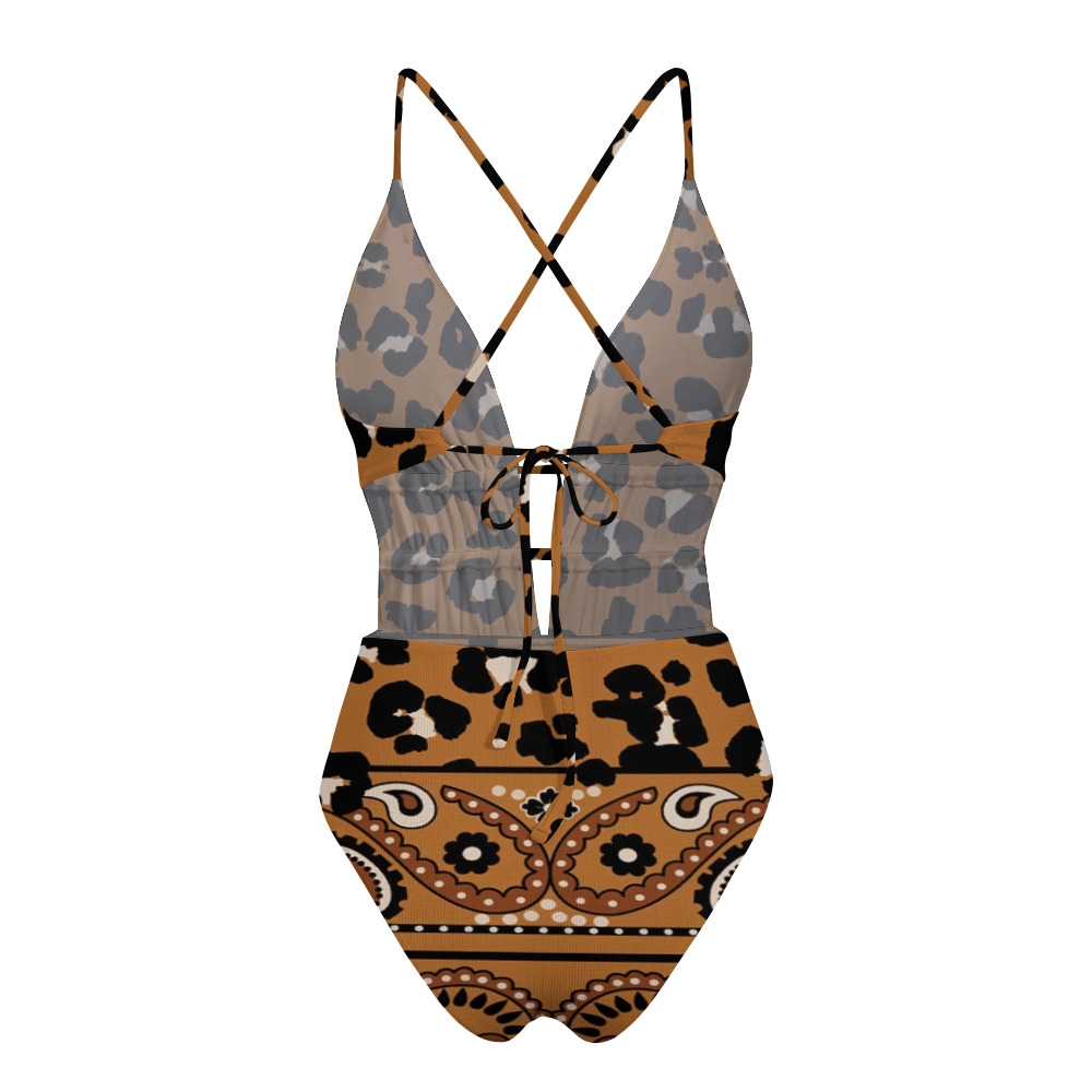 Leopard Print Paisley Patchwork Thin Strap Swimsuit