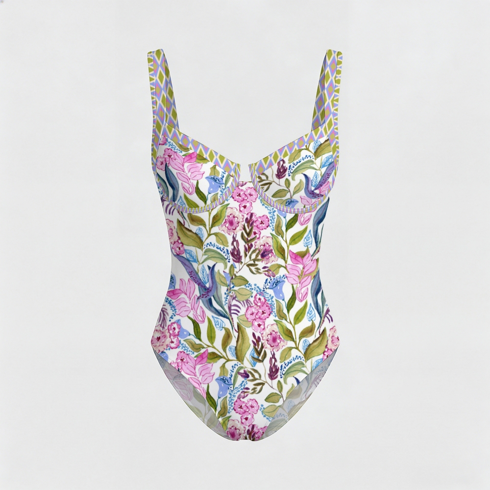 Watercolor Botanical Print Contrast Swimsuit