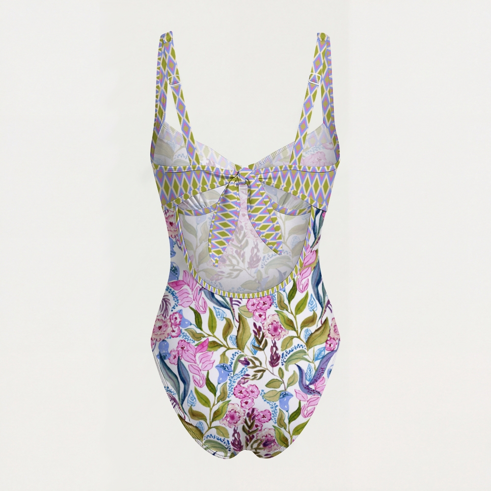 Watercolor Botanical Print Contrast Swimsuit
