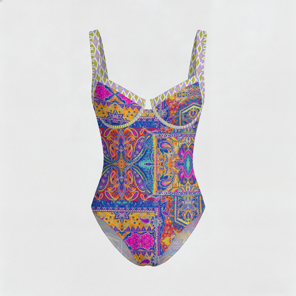 Bohemian Paisley Print Trim Knotted Swimsuit
