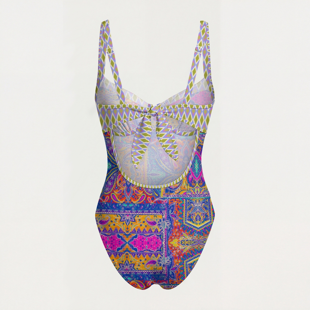 Bohemian Paisley Print Trim Knotted Swimsuit