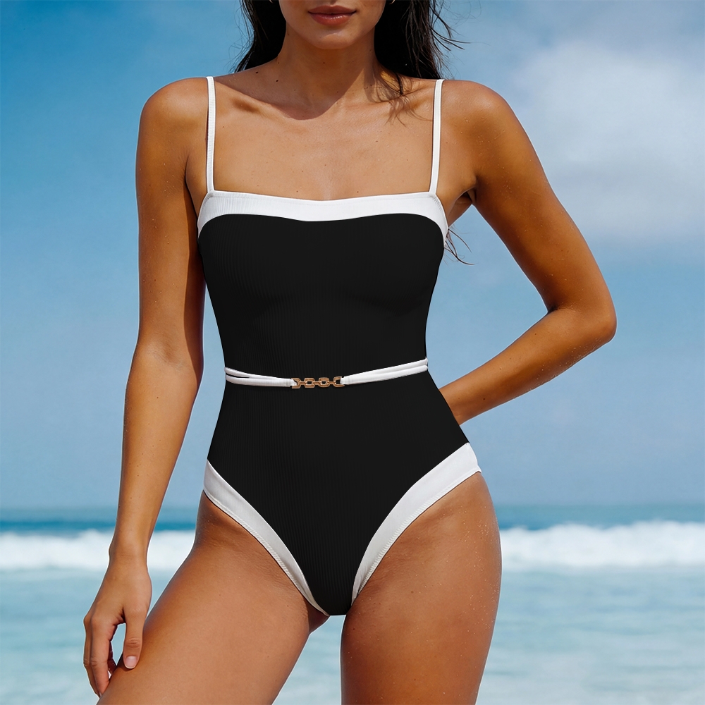 Black White Contrast Metal Buckle Swimsuit