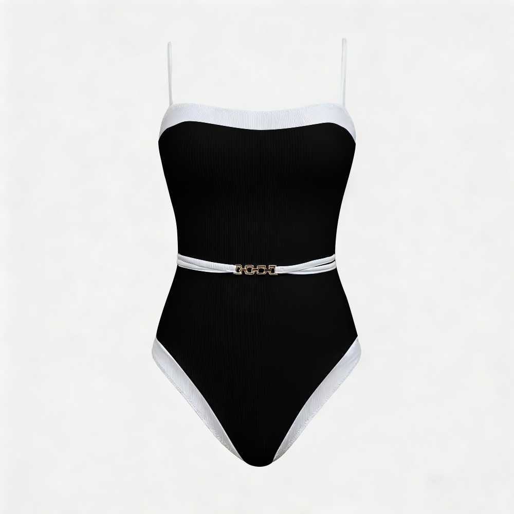 Black White Contrast Metal Buckle Swimsuit