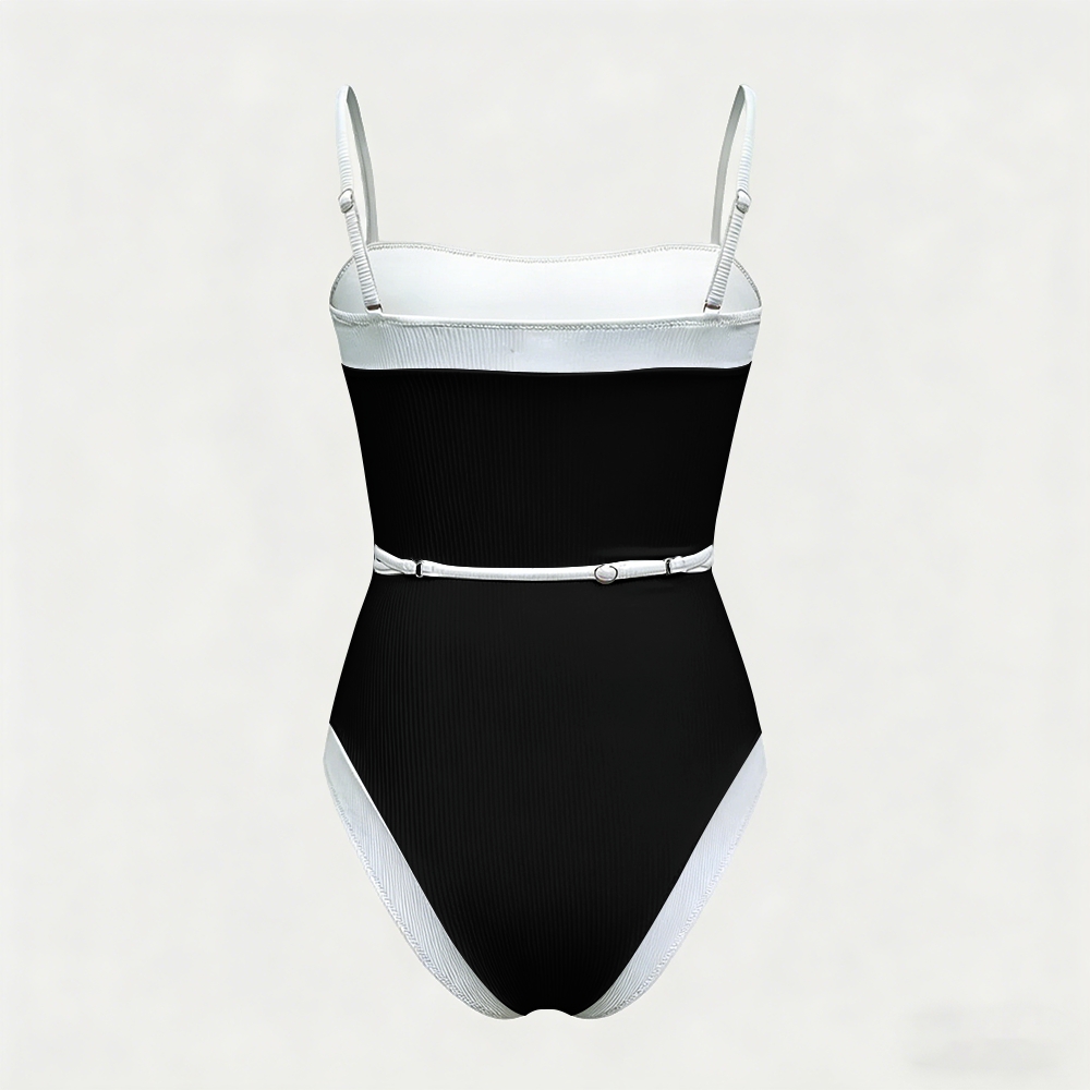 Black White Contrast Metal Buckle Swimsuit