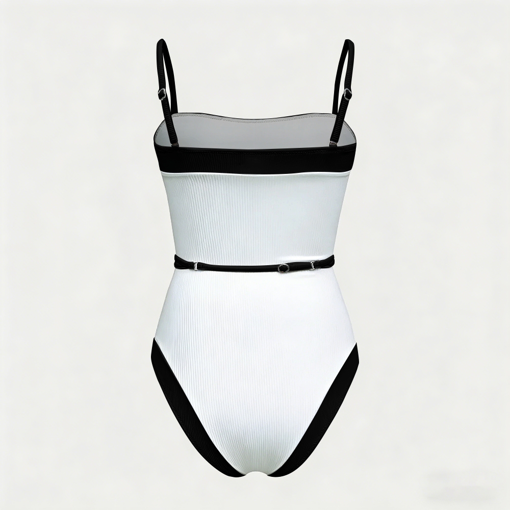 Black White Contrast Metal Buckle Swimsuit
