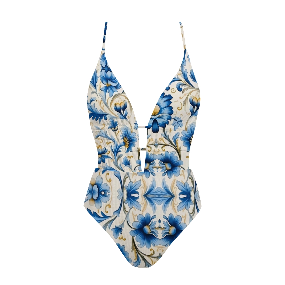Blue and White Floral Thin Strap Cross Back Swimsuit