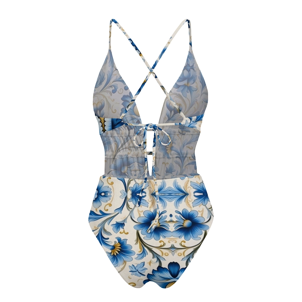 Blue and White Floral Thin Strap Cross Back Swimsuit