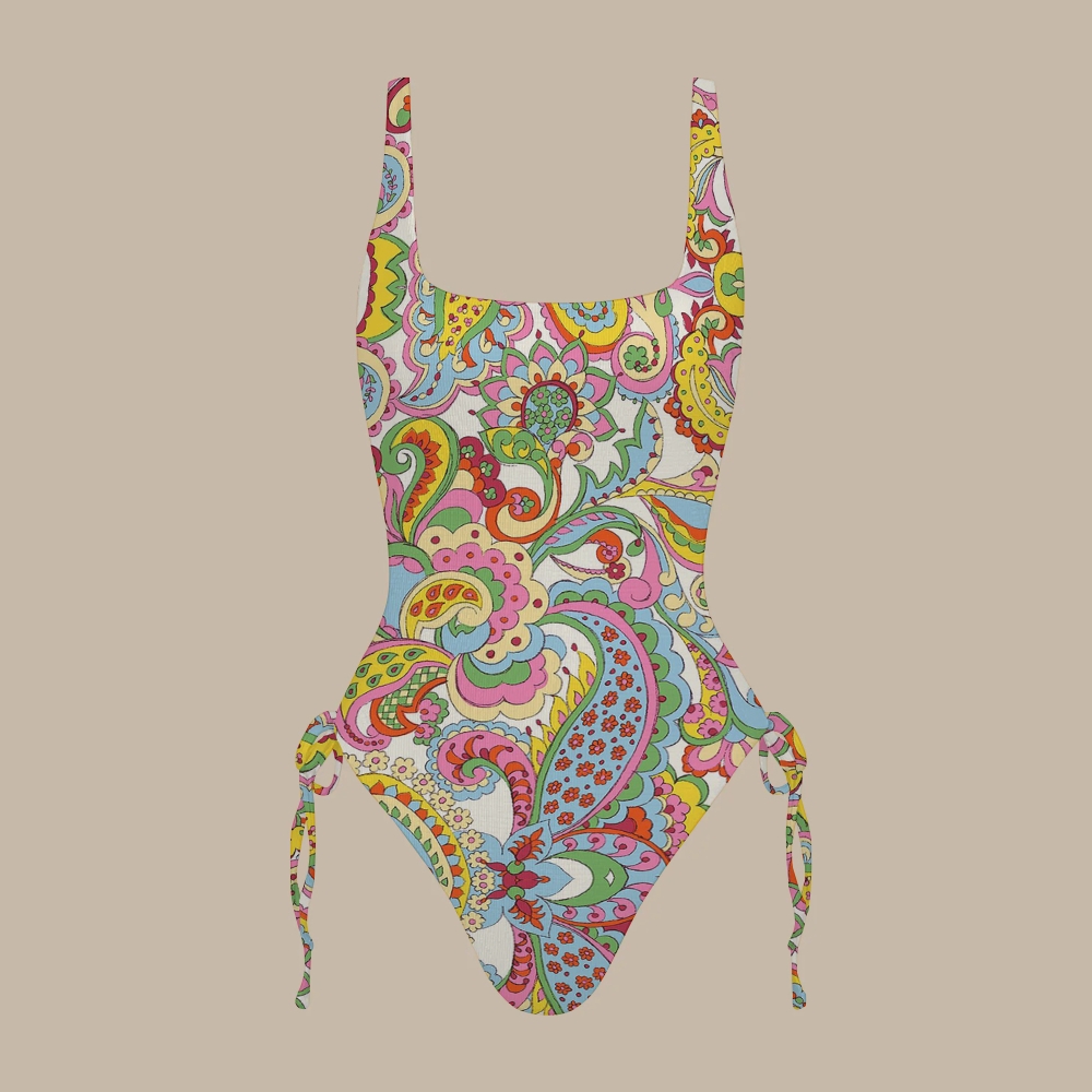 Colorful Paisley Square Neck Back Tie Side Swimsuit