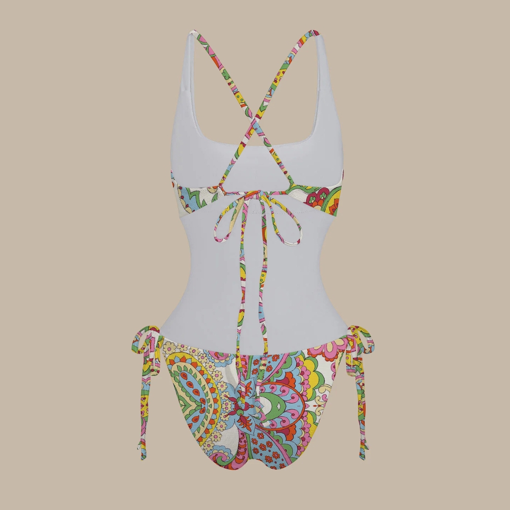 Colorful Paisley Square Neck Back Tie Side Swimsuit