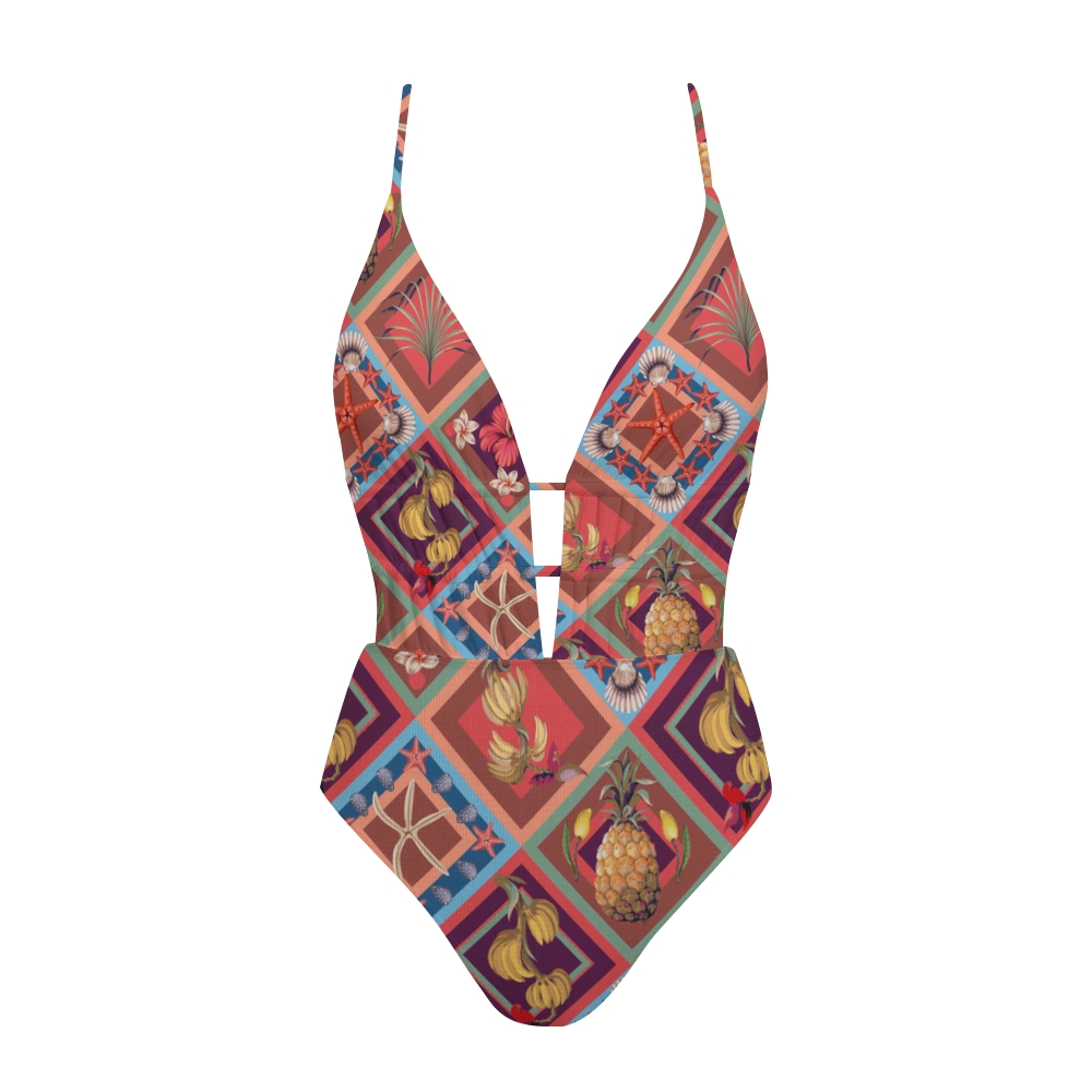 Coastal Geo Fruit Print Plunge Swimsuit
