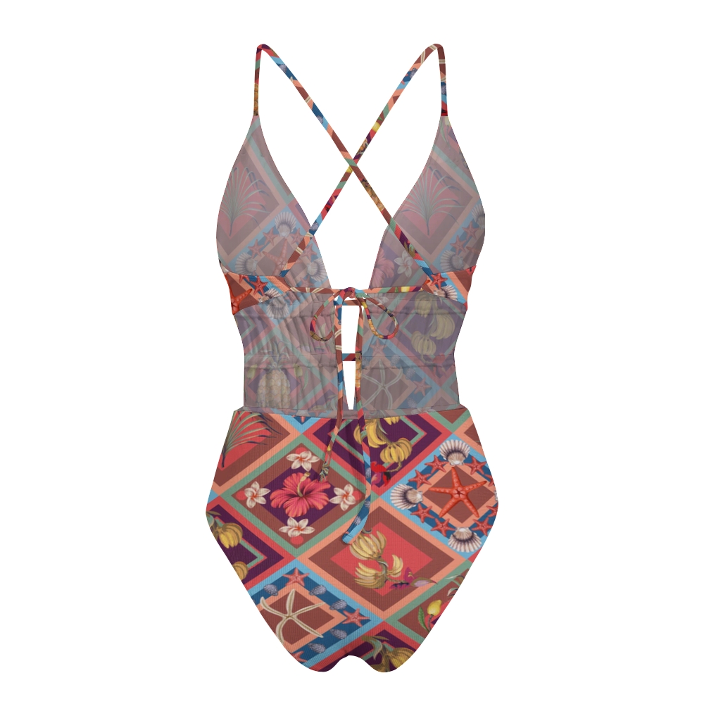 Coastal Geo Fruit Print Plunge Swimsuit