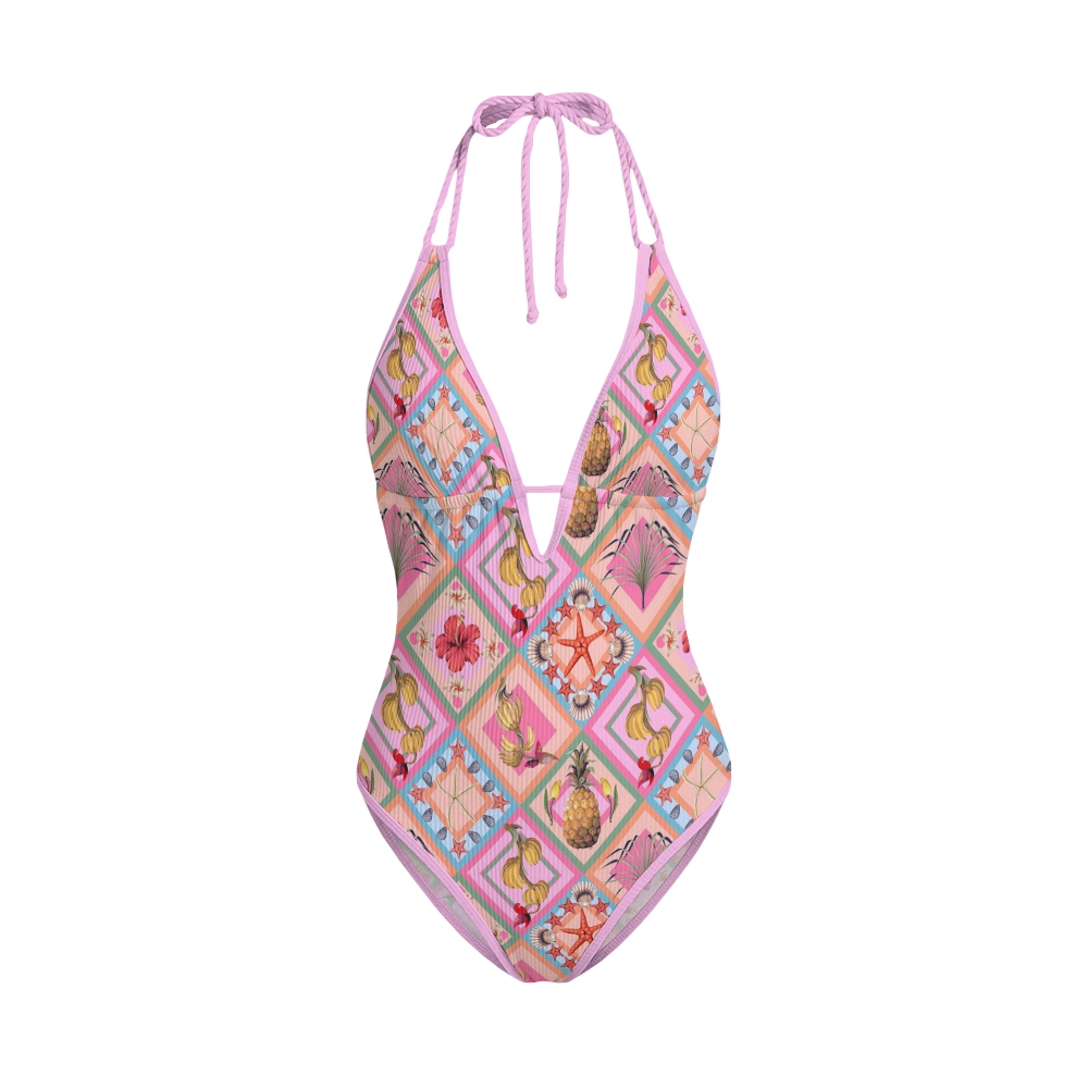 Pink Coastal Fruit Print Contrast Swimsuit