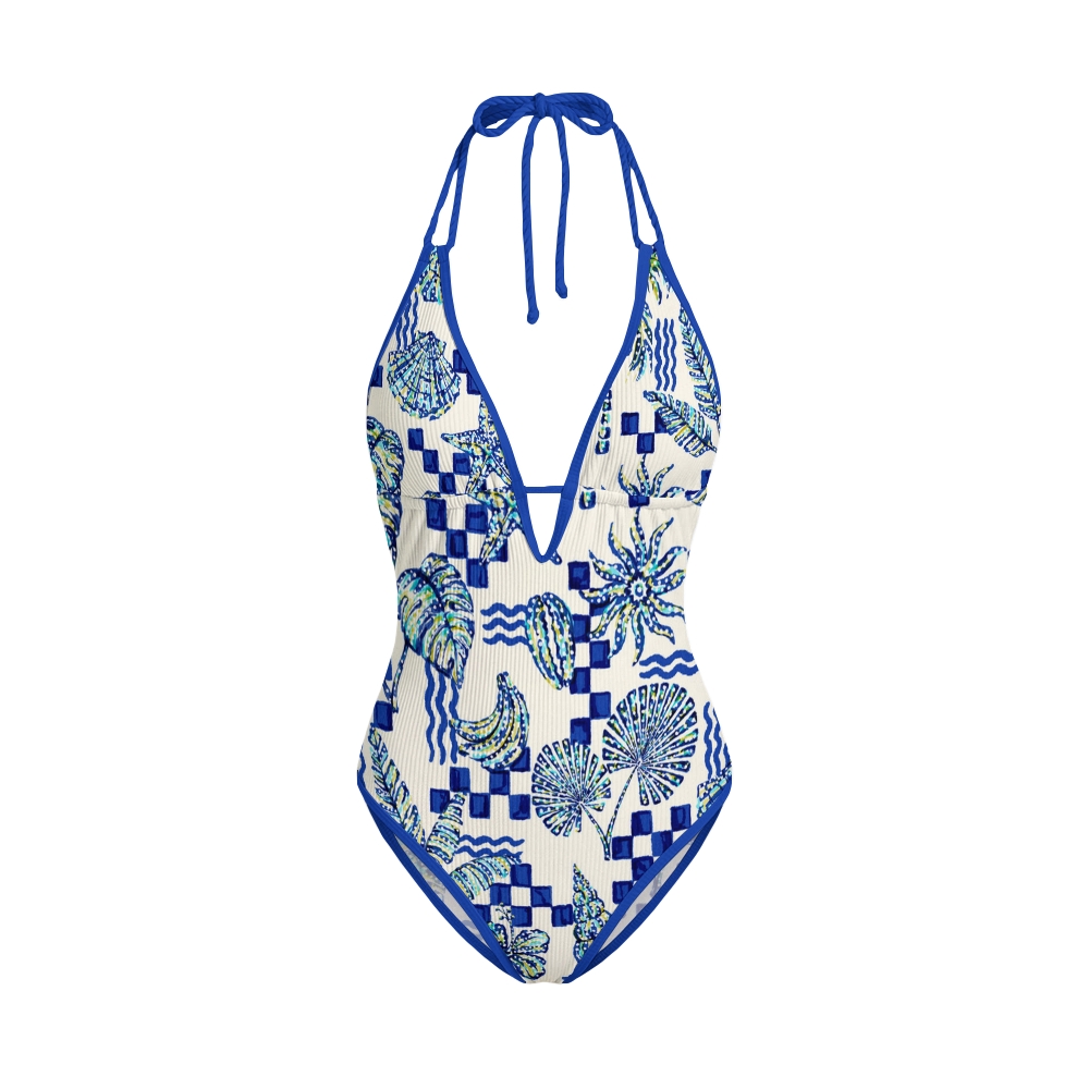 Blue Check Tropic Print Contrast Swimsuit