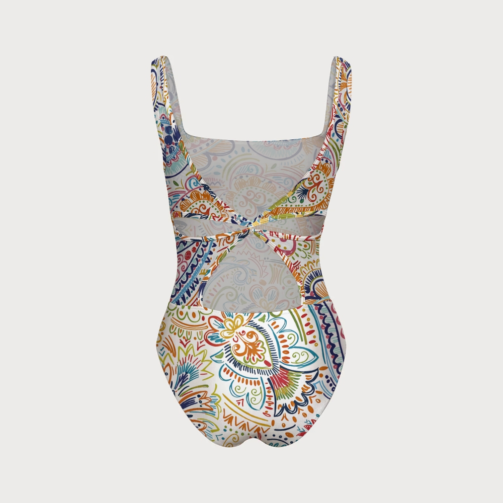 Women's Boho Paisley Swimsuit With Back Mesh Knot
