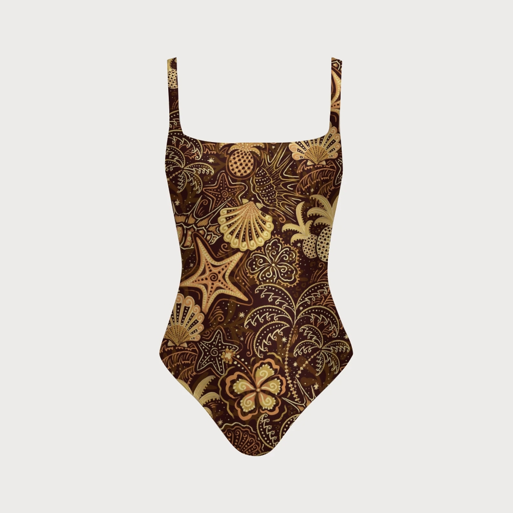 Women's Golden Tropic Batik Swimsuit With Back Mesh Knot