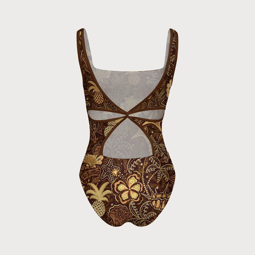 Women's Golden Tropic Batik Swimsuit With Back Mesh Knot