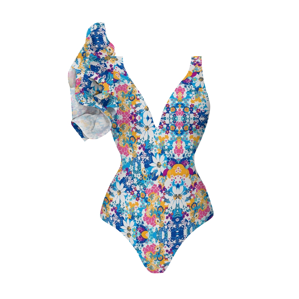 Santorini Style Colorful Floral Ruffle Swimsuit