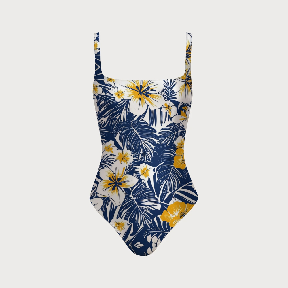 Navy Blue Yellow Floral Mesh Cutout Swimsuit
