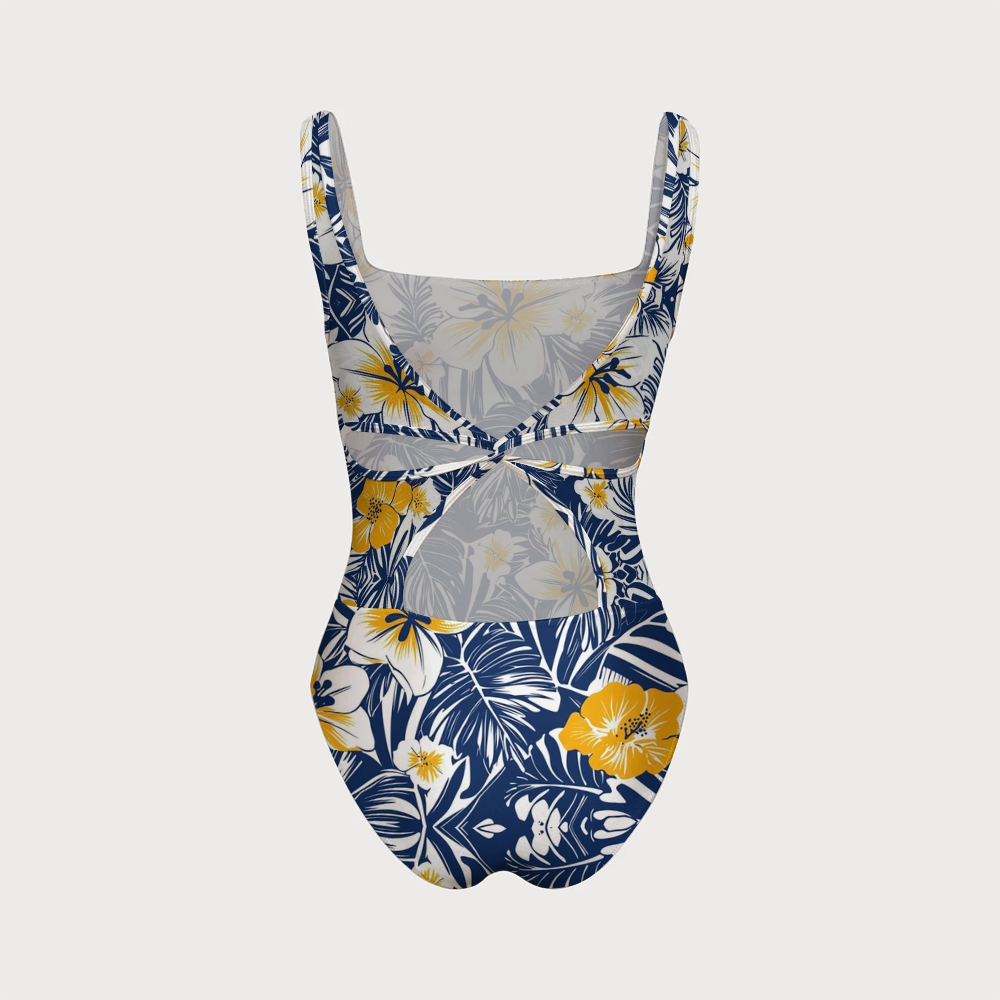 Navy Blue Yellow Floral Mesh Cutout Swimsuit