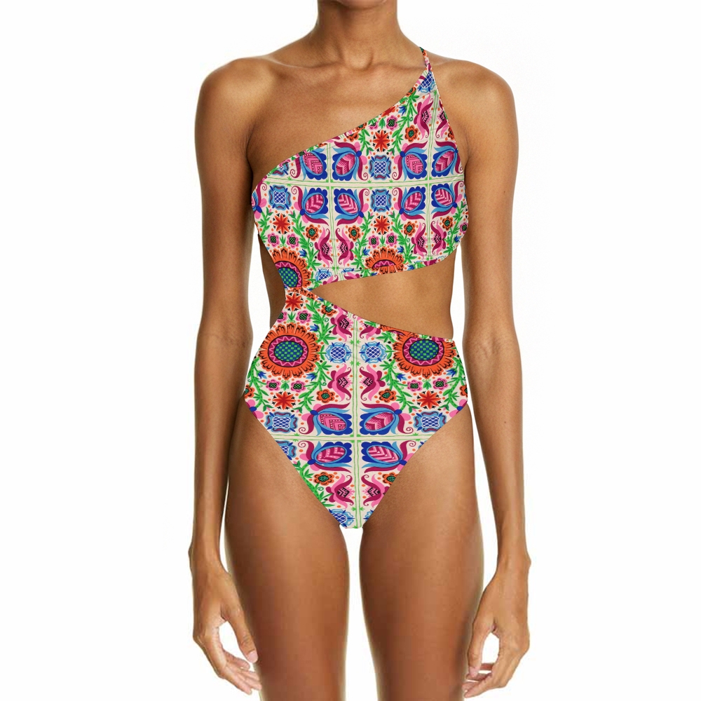 Boho Floral Print Asymmetric Swimsuit