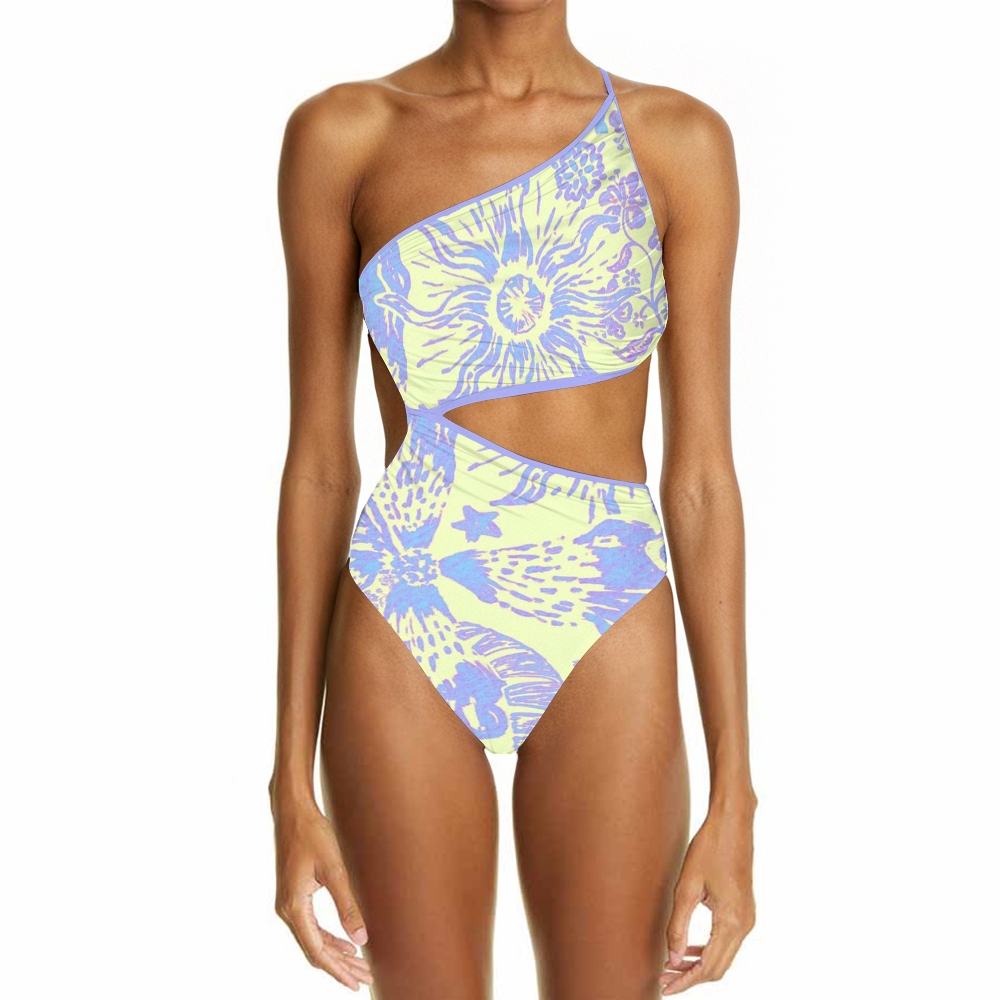 Purple Sun With Floral Print Asymmetric Swimsuit
