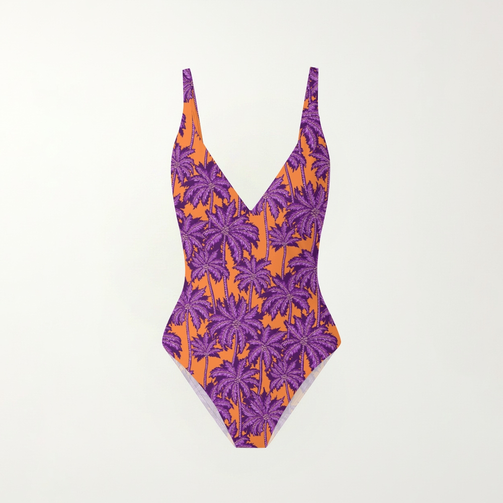 Purple Palm Print Plunging Swimsuit