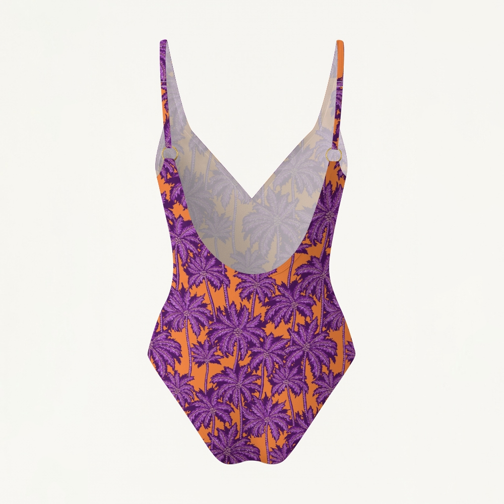 Purple Palm Print Plunging Swimsuit