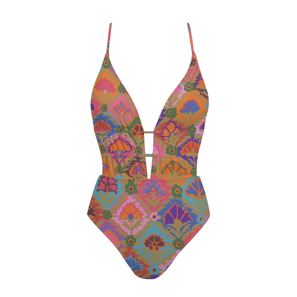 Ikat Floral Print Plunge Swimsuit