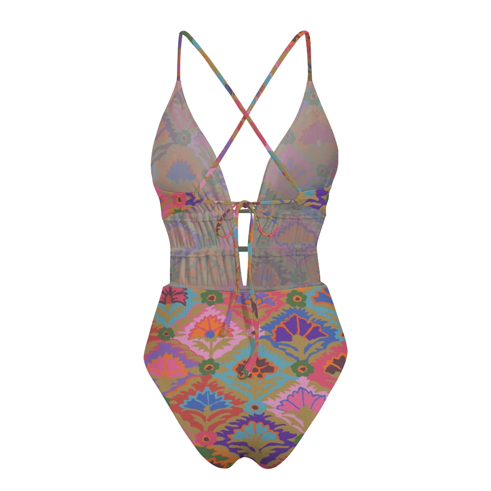 Ikat Floral Print Plunge Swimsuit